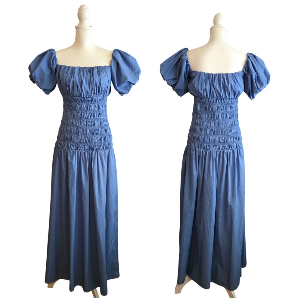 Milkmaid Abercrombie & Fitch Smocked Maxi Dress Medium Blue Puff Sleeve Peasant